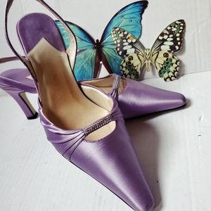 Lavender Caparros Gem Stone Pointy Satin Heels